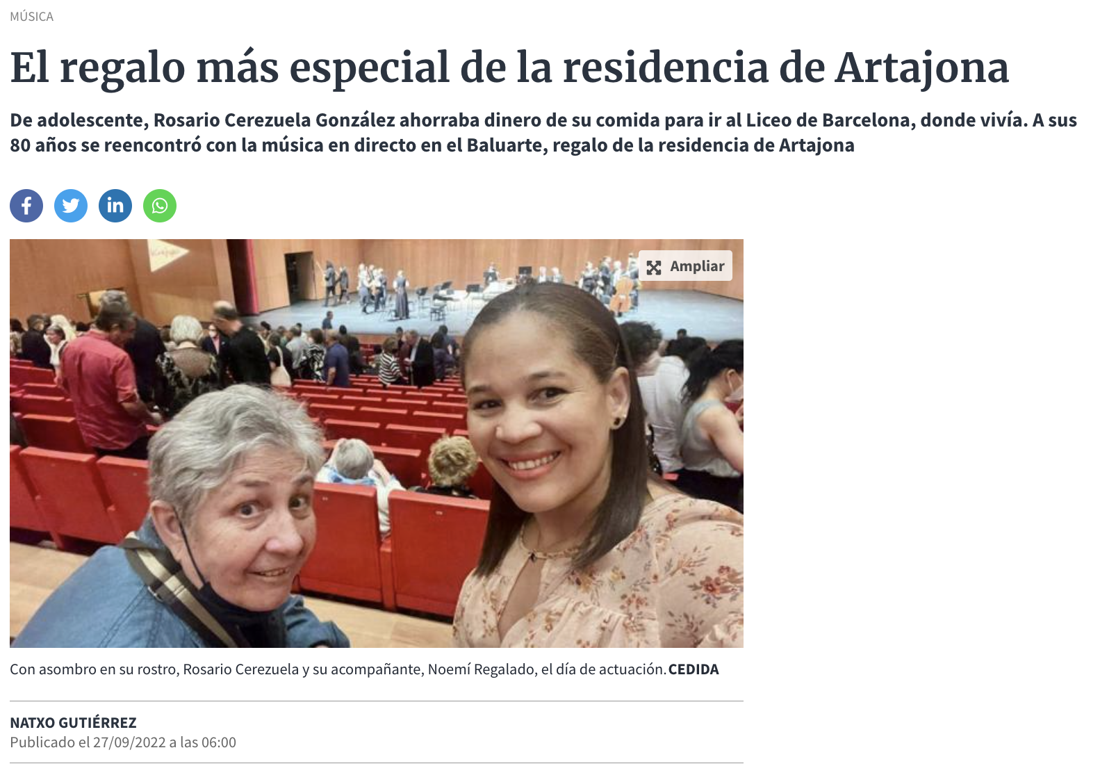 Inicio de la noticia en Diario de Navarra: El regalo más especial de la residencia de Artajona